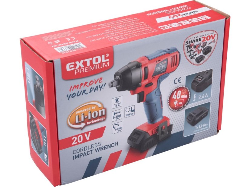 EXTOL PREMIUM 8891810 utahovák rázový 1/2" aku SHARE20V, 180Nm, 20V Li-ion, 2000mAh