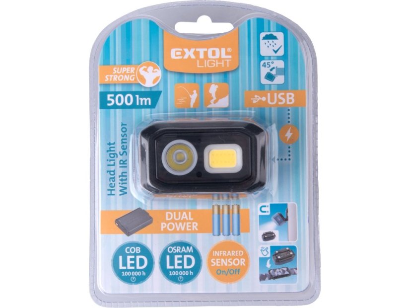 EXTOL LIGHT 43185 čelovka 500lm, Dual Power - Li-ion nebo AAA, USB nabíjení, s IR čidlem, OSRAM LED+COB LED