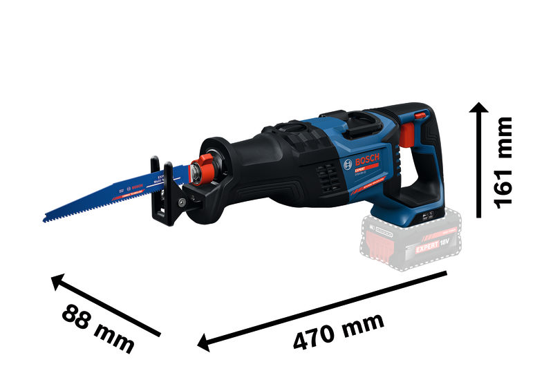 Akumulátorová ocasní pila Bosch EXSA18V-32 s rozměry.