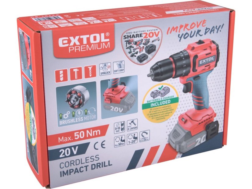 EXTOL PREMIUM 8891808 aku příklepový šroubovák SHARE20V, BRUSHLESS, 1x2Ah