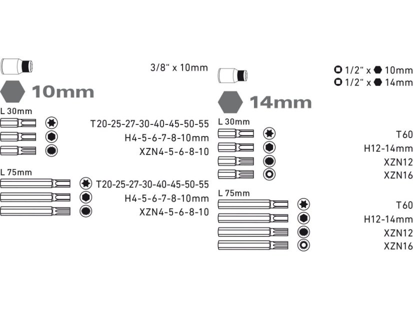 EXTOL PREMIUM 8818200 hroty IMBUS-TORX-XZN, sada 51ks, pro ráčny 3/8", 1/2", S2