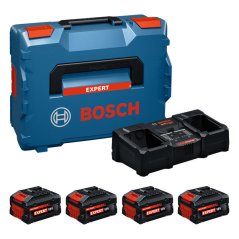 Startovací sada Bosch s kufrem L-BOXX, nabíječkou a čtyřmi 18V bateriemi.
