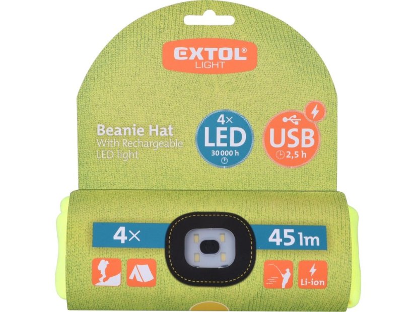EXTOL LIGHT 43194 čepice s čelovkou 4x45lm, USB nabíjení, fluorescentní žlutá, univerzální velikost