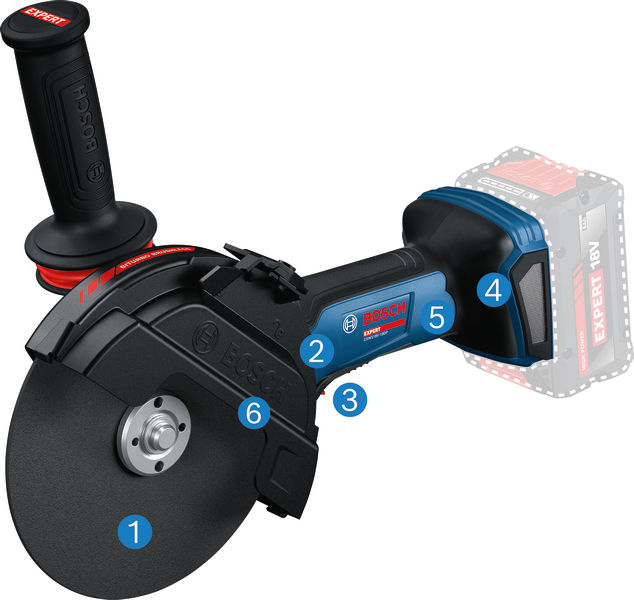 Akumulátorová úhlová bruska Bosch EXWS18V-180P s boční rukojetí.