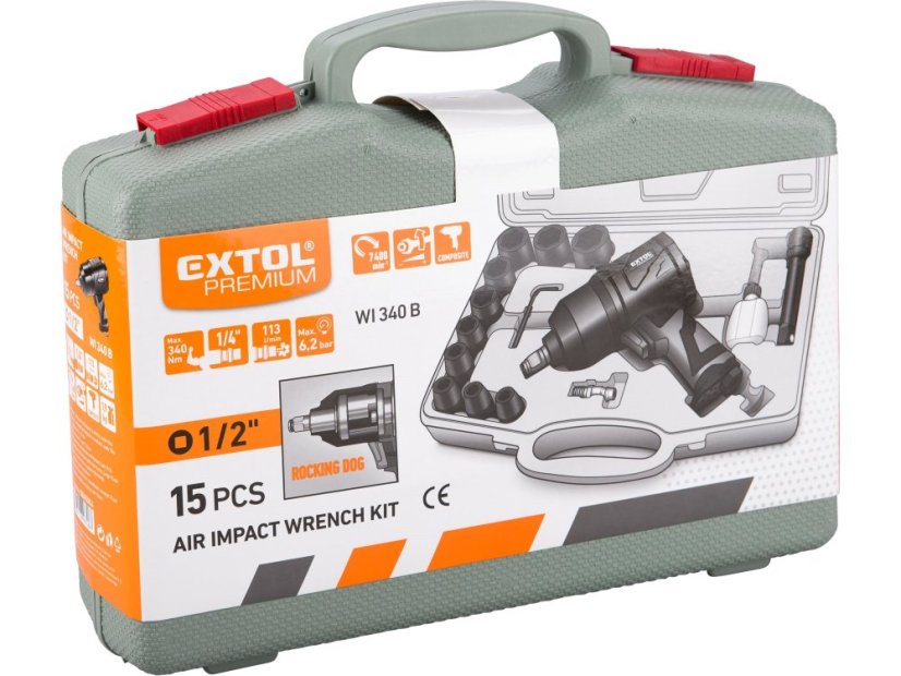 EXTOL PREMIUM 8865004 utahovák rázový, kompozit, pneu, 340Nm s hlavicemi, sada 15ks