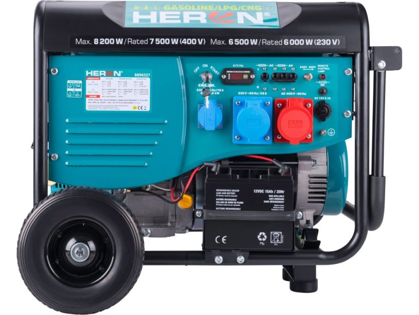 Heron 8896327 elektrocentrála benzínová a plynová (LPG/NG) 17HP/8,2kW/10,2kVA (400V), 6,5kW (230V), elektrický start, dálkové ovládání, podvozek