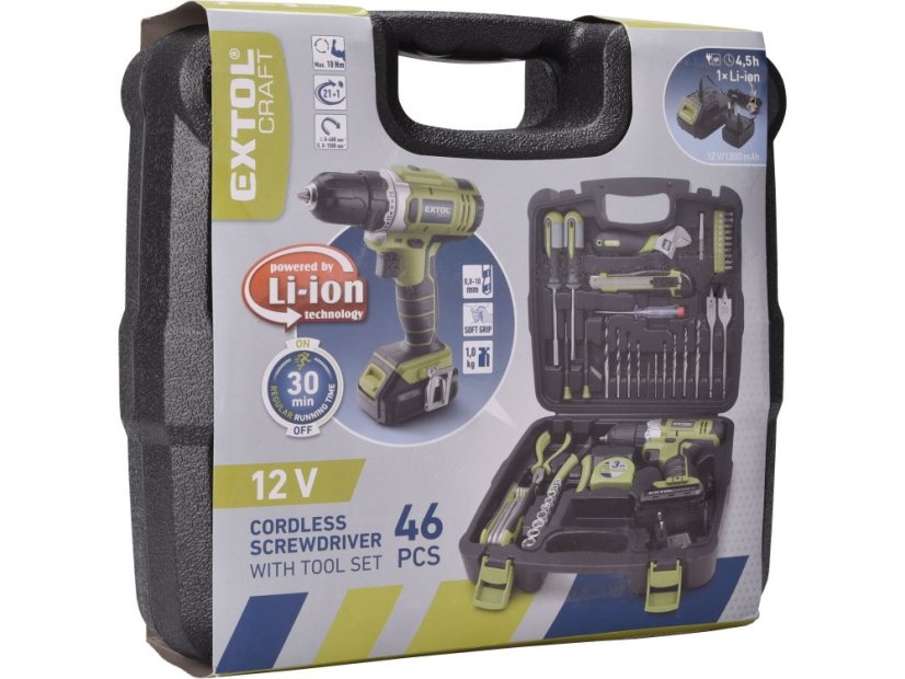 EXTOL CRAFT 422800 vrtací šroubovák aku 12V Li-ion s nářadím, sada 46ks