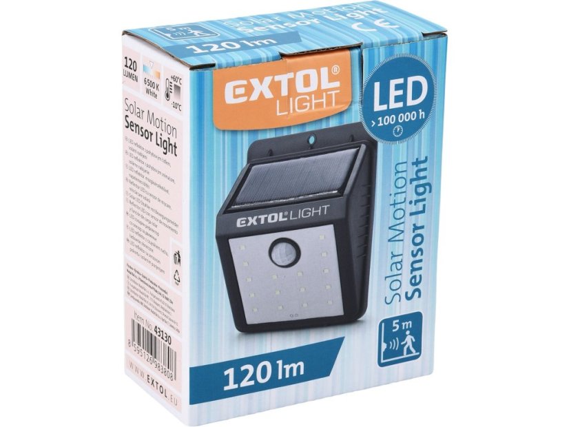 EXTOL LIGHT 43130 světlo nástěnné s pohybovým čidlem, 120lm, solární nabíjení
