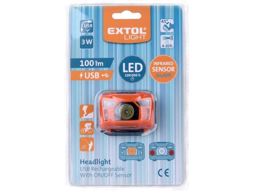 EXTOL LIGHT 43180 čelovka 100lm, USB nabíjení s IR čidlem, 3W LED