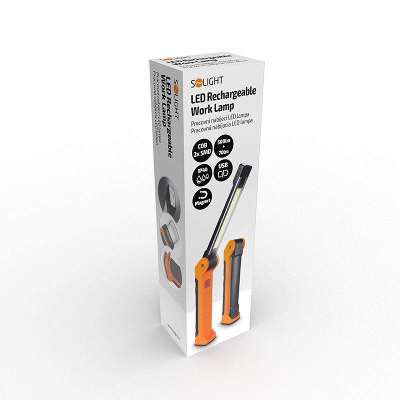Solight WM20 pracovní nabíjecí LED lampa, 500lm + 70lm, COB, Li-Ion, USB, černooranžová