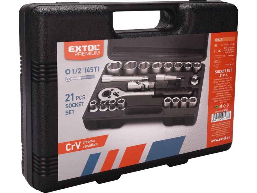 EXTOL PREMIUM 65231 hlavice nástrčné, sada 21ks, 1/2", CrV