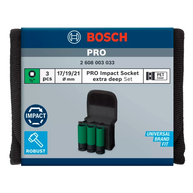 Bosch 3 dílná sada prodloužených nástrčných hlavic 17, 19, 21 mm Pro Impact 1/2" 2608003033