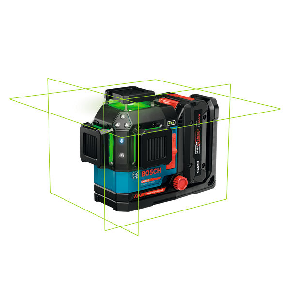 Laserový nivelační přístroj Bosch EXLL18V-120-33CG se zelenými čarami.