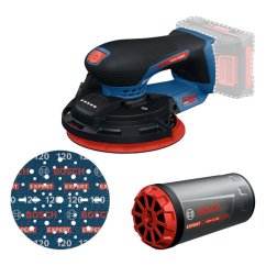 Bruska Bosch EXEX18V-150-5 s brusným kotoučem a HEPA filtrem.