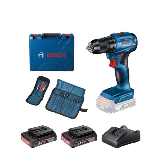 Bosch GSR 185-LI aku vrtací šroubovák 18V 2x2.0Ah kufr++23 dílná sada příslušenství