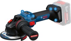 Úhlová bruska Bosch EXWS18V-15S s boční rukojetí.
