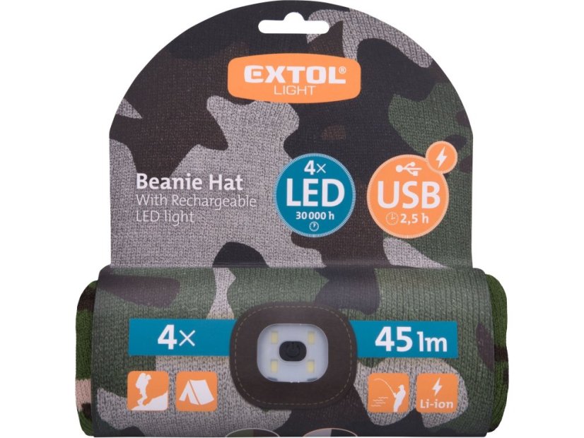 EXTOL LIGHT 43464 čepice s čelovkou 4x45lm, USB nabíjení, maskovací, univerzální velikost