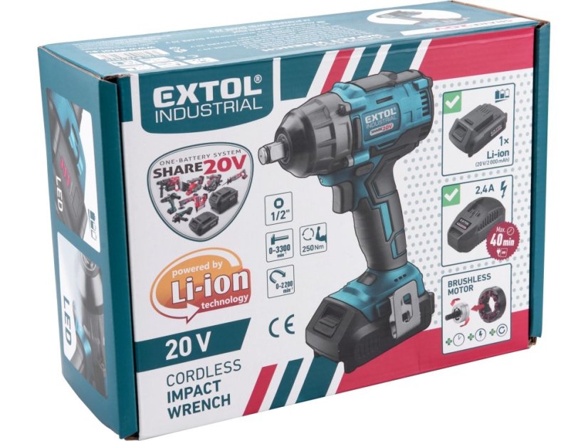 EXTOL INDUSTRIAL 8791810 utahovák rázový 1/2“ aku SHARE20V, 250Nm, BRUSHLESS, 20V Li-ion, 2000mAh