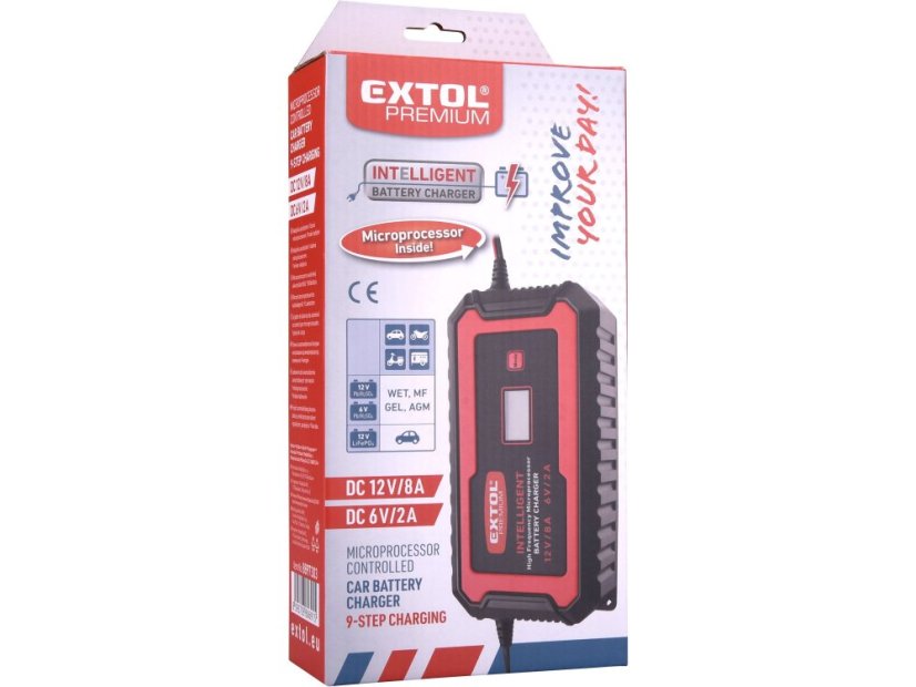 EXTOL PREMIUM 8897303 autonabíječka 9 stupňová, řízená mikroprocesorem, 12V/6V, 8A