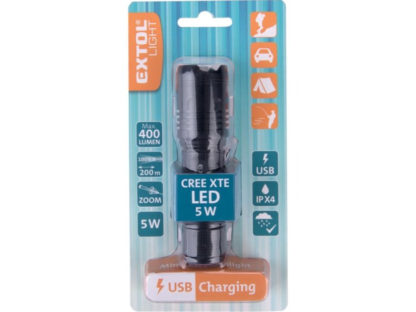 EXTOL LIGHT svítilna 400lm, zoom, USB nabíjení, CREE XTE 5W