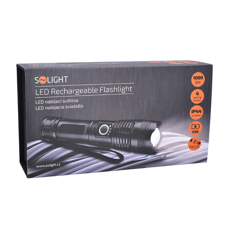 Solight WN34 nabíjecí LED svítilna, 1000lm, fokus, 2800mAh Li-Ion, USB, dárkové balení