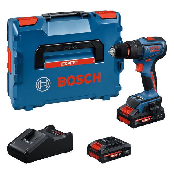 Sada akumulátorových vrtaček Bosch s 18V bateriemi a kufříkem.