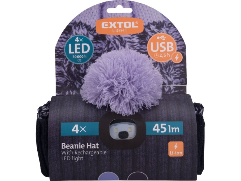 EXTOL LIGHT 43466 čepice s čelovkou 4x45lm, USB nabíjení, tmavě modrá/fialová s bambulí, univerzální velikost