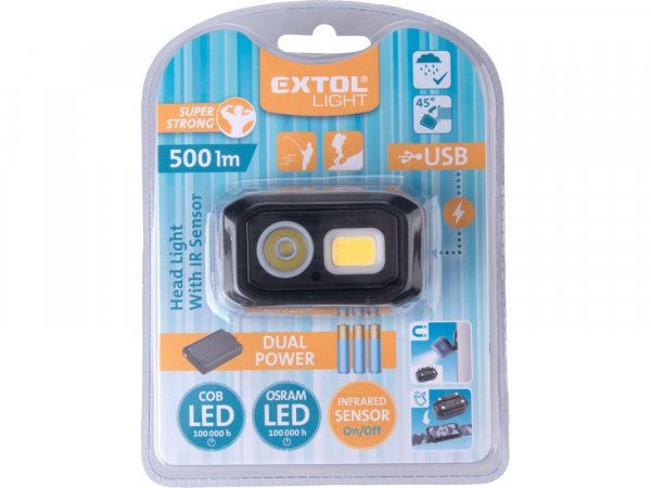 EXTOL LIGHT 43185 čelovka 500lm, Dual Power - Li-ion nebo AAA, USB nabíjení, s IR čidlem, OSRAM LED+COB LED