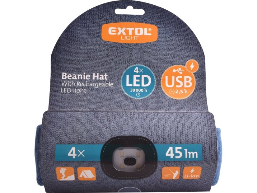 EXTOL LIGHT 43191 čepice s čelovkou 4x45lm, USB nabíjení, modrá, univerzální velikost