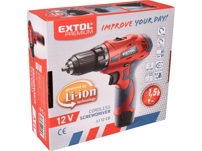 EXTOL PREMIUM 8891150 vrtací šroubovák aku, 12V Li-ion, 1500mAh