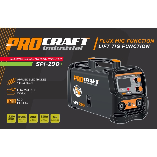 Procraft SPI-290 kombinovaná invertorová svářečka Co Flux - trubičkový drát, MMA, TIG lift