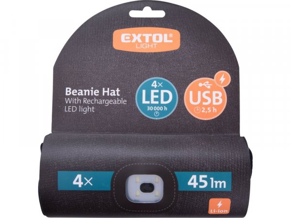 EXTOL LIGHT 43199 čepice s čelovkou 4x45lm, USB nabíjení, černá, univerzální velikost