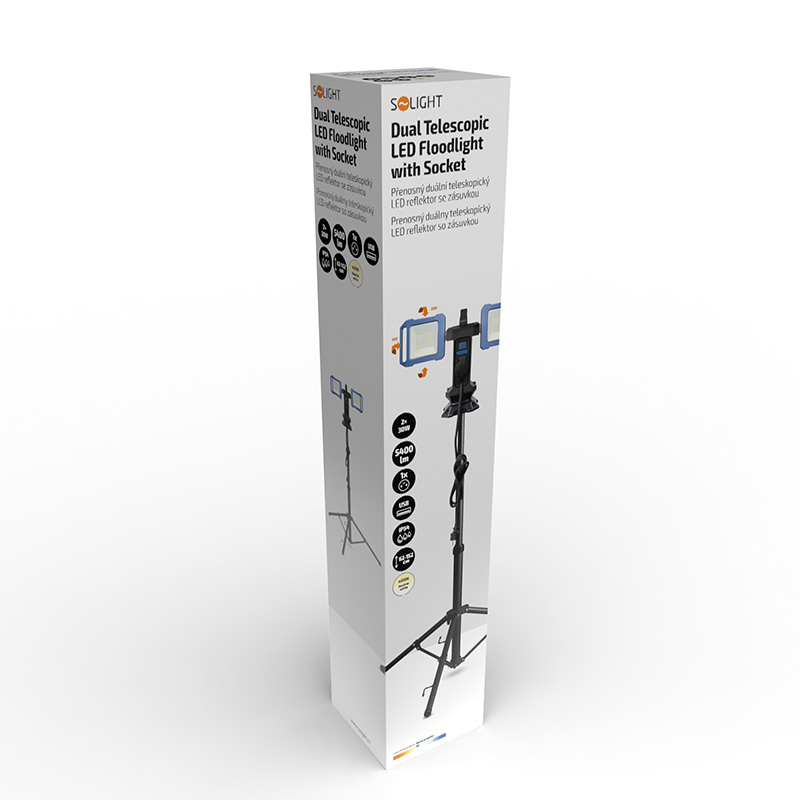 Solight WM-60W-FVP duální teleskopický přenosný LED reflektor se zásuvkou, 2x30W, 5400lm, 4000K, 62-152cm, IP54