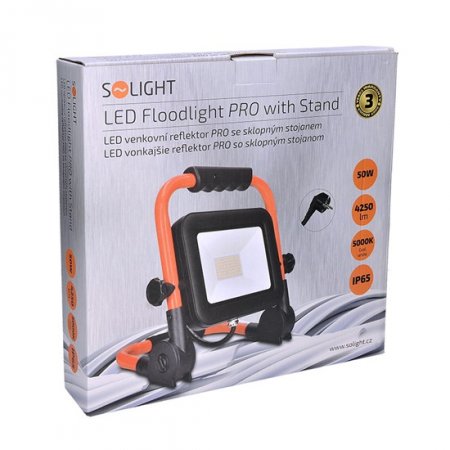 Solight WM-50W-FEL LED reflektor PRO se sklopným stojanem, 50W, 4250lm, 5000K, kabel se zástrčkou, IP65