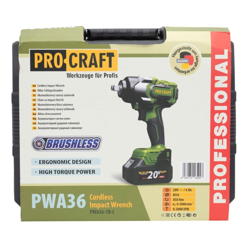 Procraft PWA36-1B-C aku rázový utahovák 1/2" 850 Nm 20V 1x4Ah
