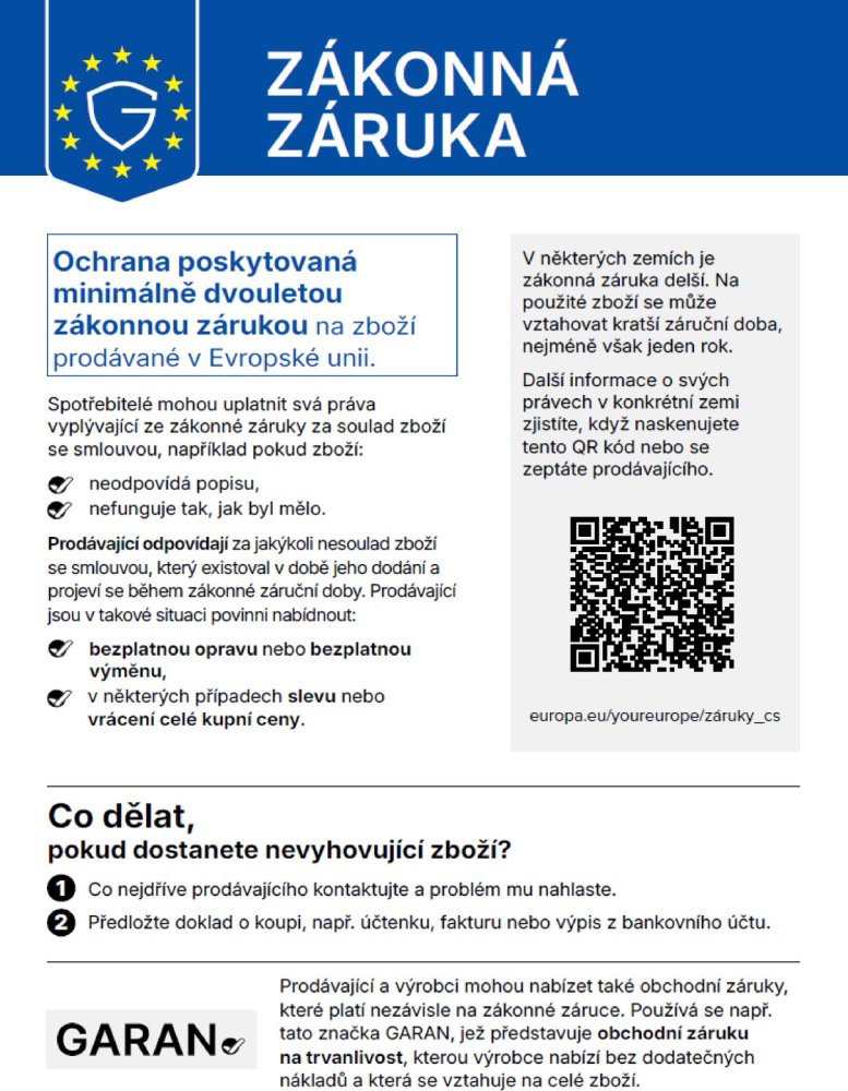 Oznámení o právní záruce EU a o štítku GARAN