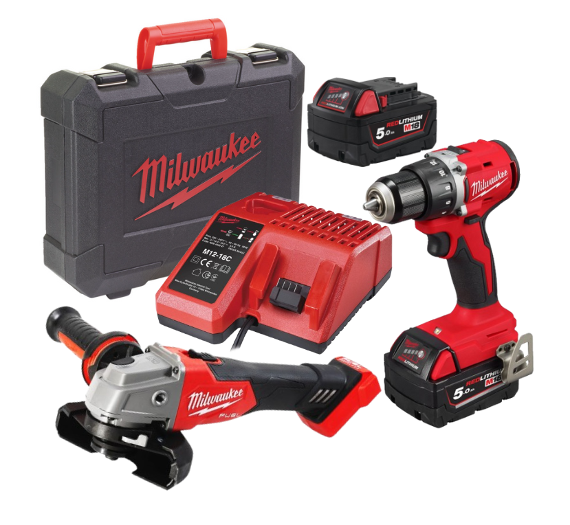 Milwaukee ELVINSET3 aku set nářadí 18V kompaktní vrtačka + uhlová bruska 125 mm 18V