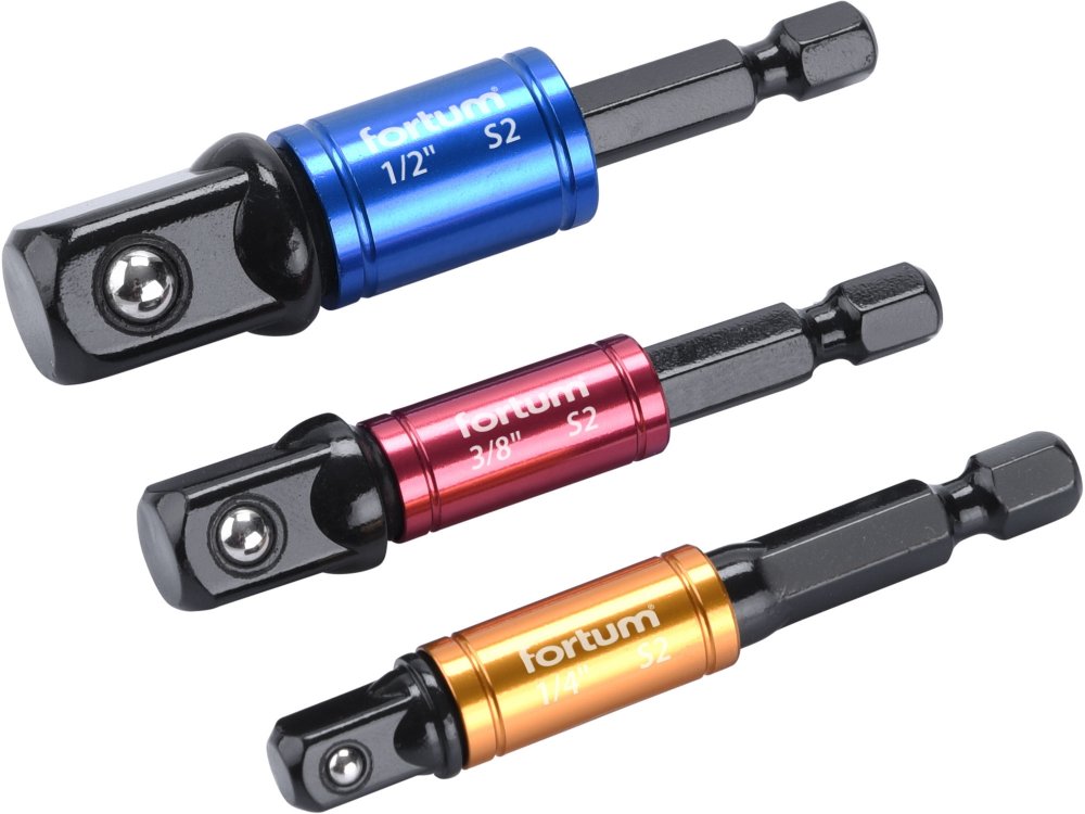 FORTUM 4742203 adaptéry do vrtačky s otoč.úchytem 3ks, 1/4"-3/8"-1/2", S2